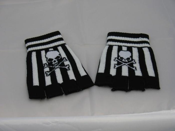 Black and White Striped Skull Fingerless Gloves